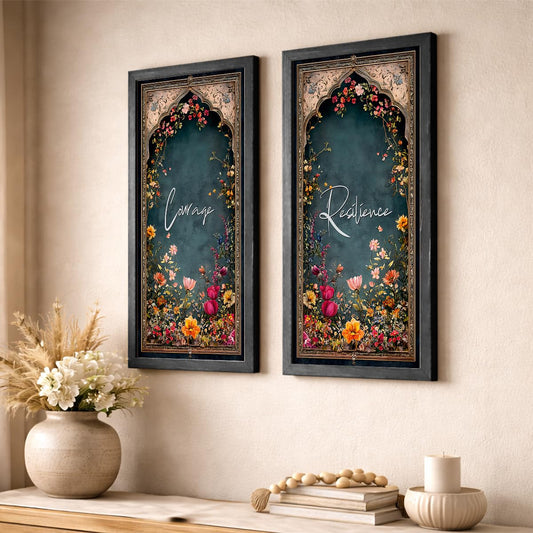 Motivational Floral Wall Art Set of 2 Framed Prints | “Courage” & “Resilience” Quote Posters with Frames, Vintage Botanical Arch Design, Elegant Aesthetic Wall Decor for Living Room, Bedroom, Office, Gallery Wall Artwork Frame (Art-8, 10x19inch, Wooden)