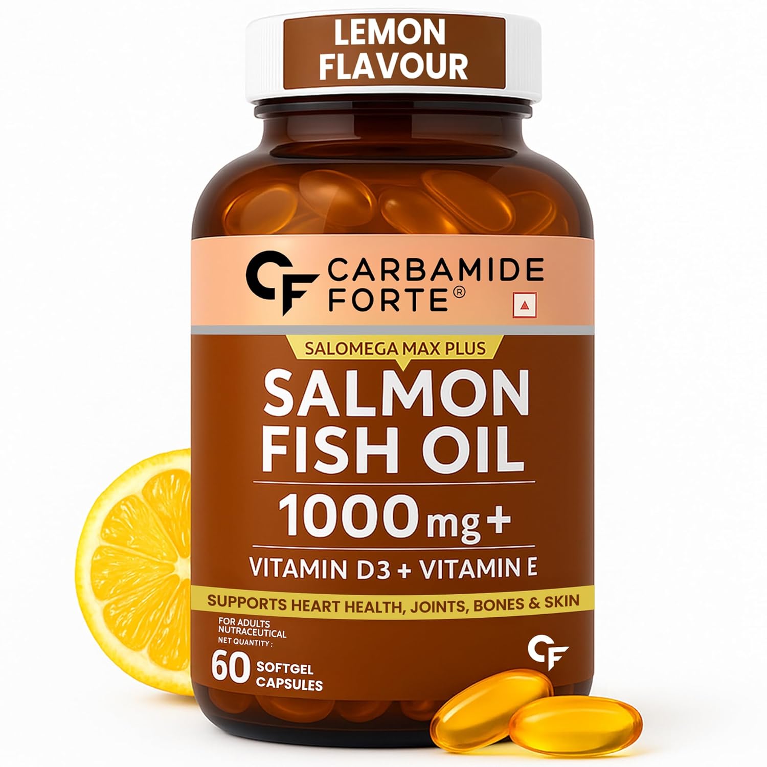 Bottle of Carbamide Forte Salmon Fish Oil with lemon flavor on a white background