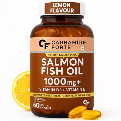 Bottle of Carbamide Forte Salmon Fish Oil with lemon flavor on a white background