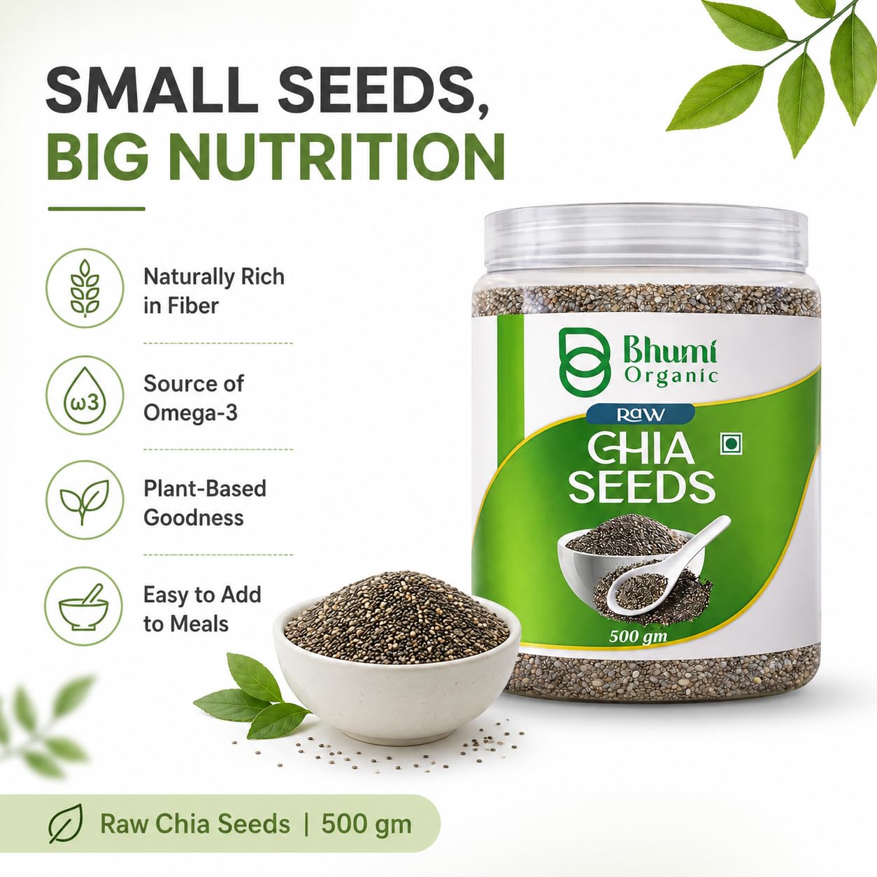 Bhumi Organic Chia Seeds 500g | Seeds for Eating, Rich in Calcium, Rich in Protein, Rich in Fibre