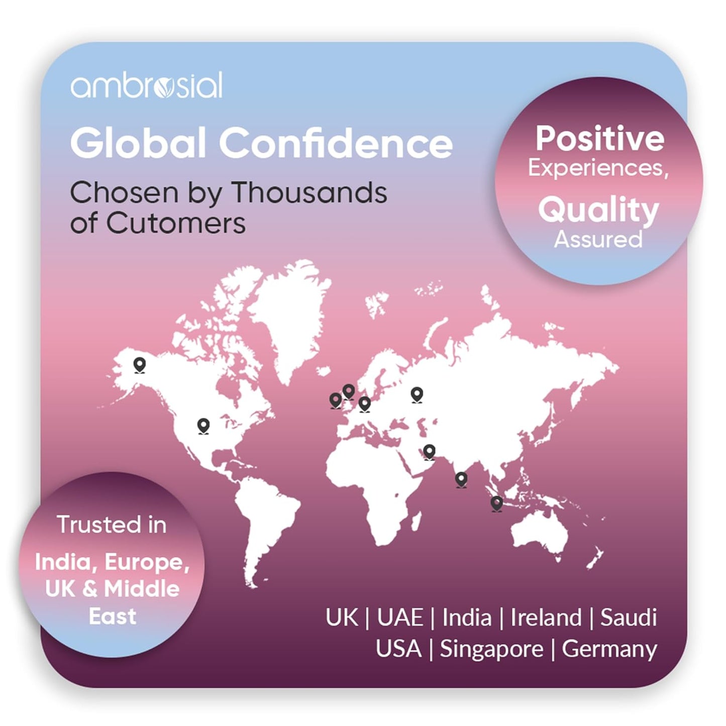 World map with global confidence branding and trusted locations listed on a gradient background.