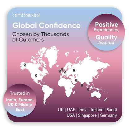 World map with global confidence branding and trusted locations listed on a gradient background.