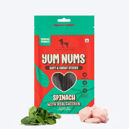 Yum Nums by HUFT Soft & Chewy Sticks - 70 gm | Spinach with Real Chicken Dog Treats | Healthy Dog Snacks | Puppy Training Treats | Veg & Non-Veg Treats for Small & Adult Dogs
