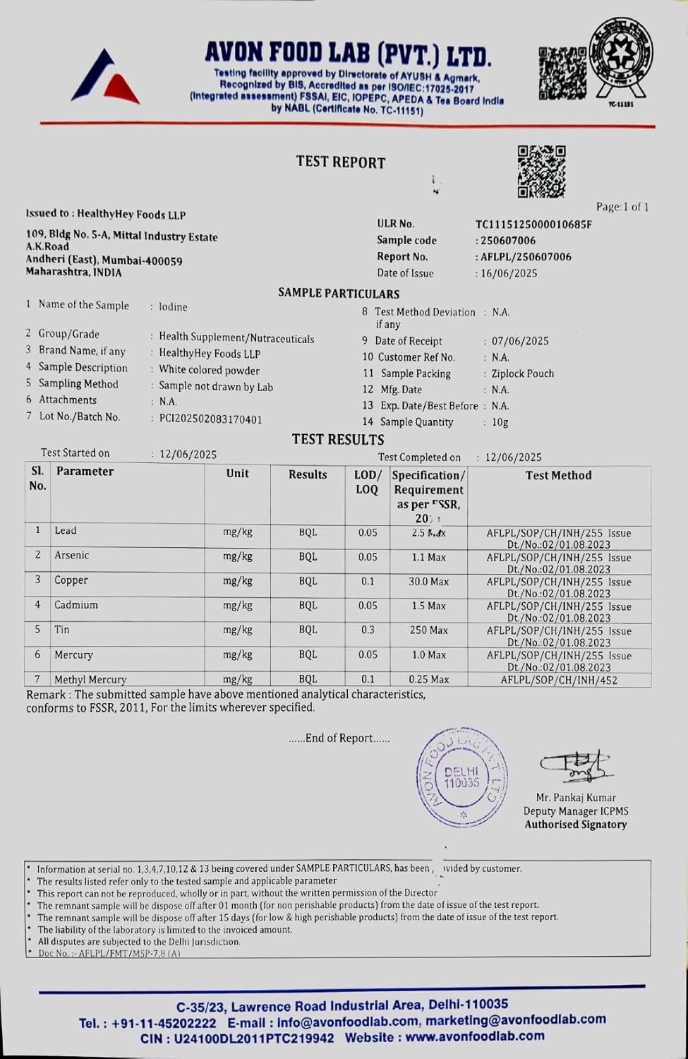 Test report from Avon Food Lab Pvt. Ltd. with various certifications and logos.