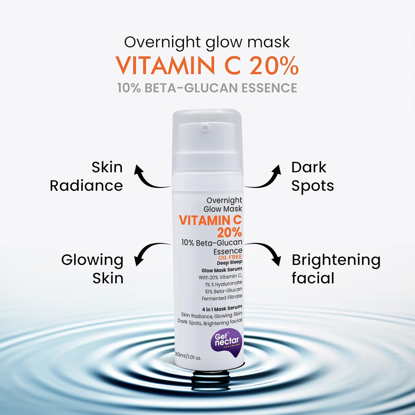 Vitamin C 20% overnight glow mask with water droplet effect on a white background