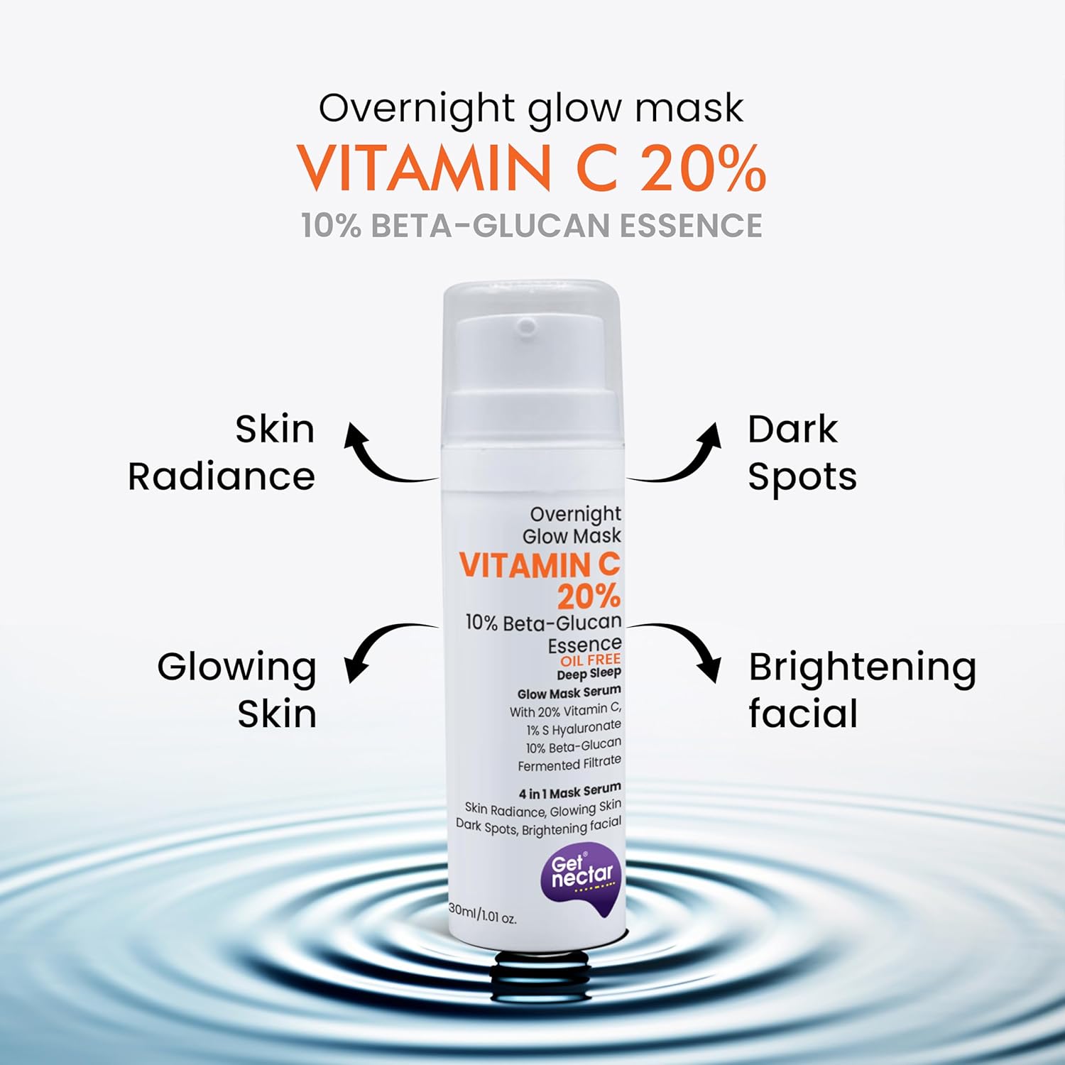 Vitamin C 20% overnight glow mask with water droplet effect on a white background