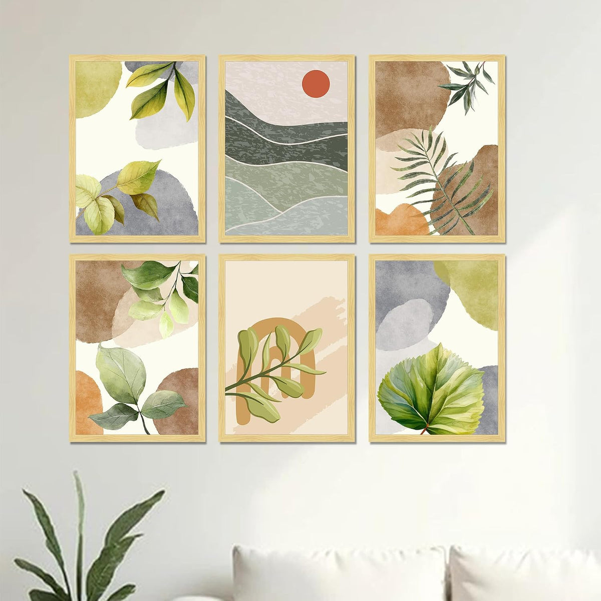 Botanical Abstract Framed Painting Wall Art Set of 6 | Green Leaf & Landscape Prints | Soft Neutral Tones | Engineered wood Frame Wall Décor, (Size: A3)