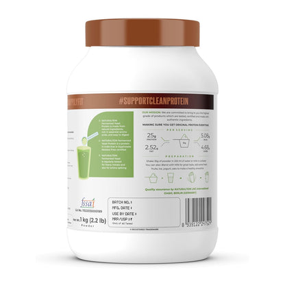 Protein powder container with label on a white background