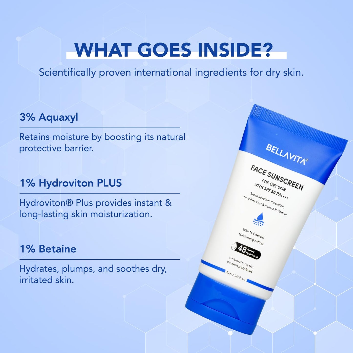 Bellavita face sunscreen tube with ingredients listed on a blue background