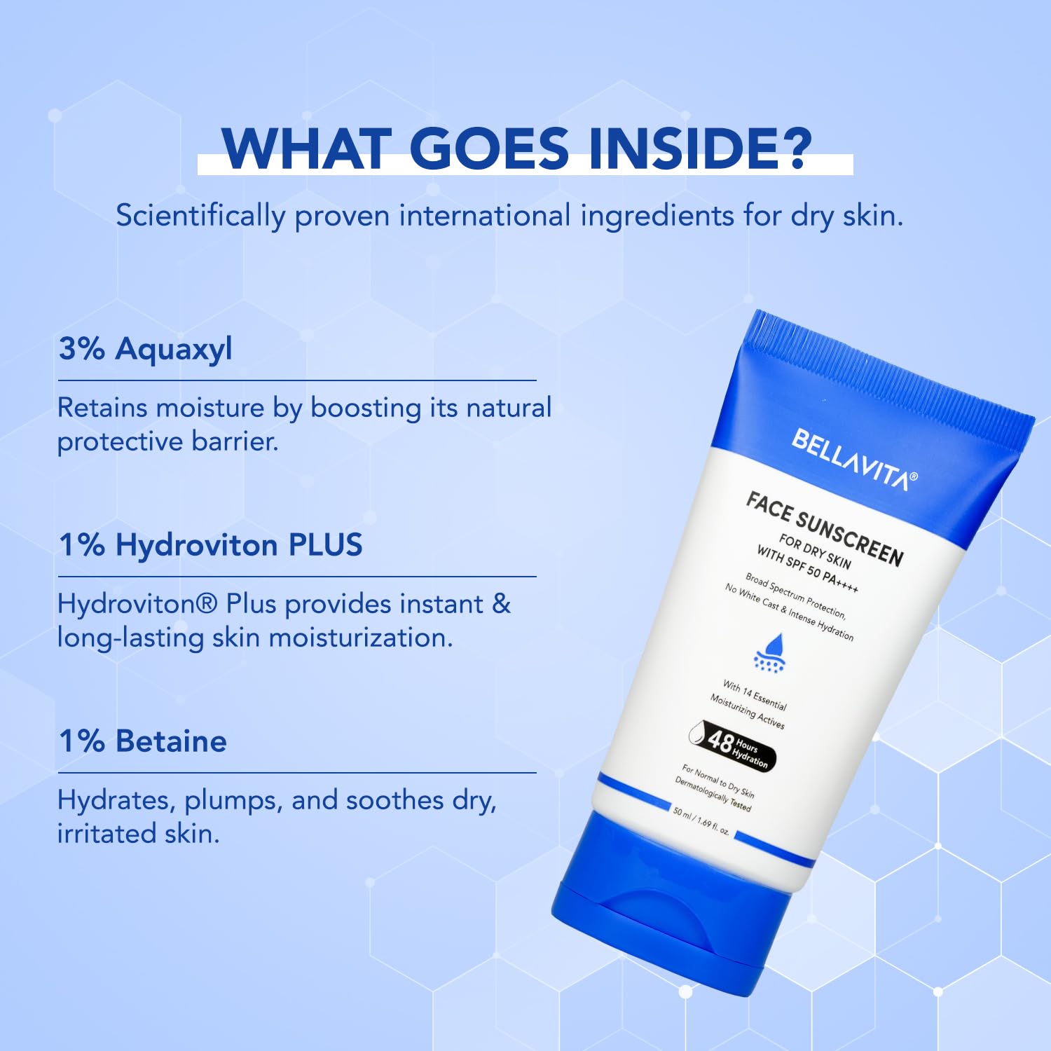 Bellavita face sunscreen tube with ingredients listed on a blue background