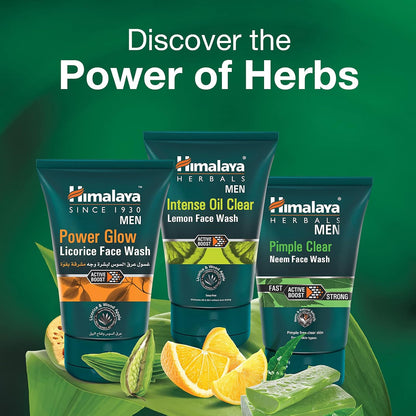 Himalaya Herbals Men's face wash products with herbs and fruits on a green background