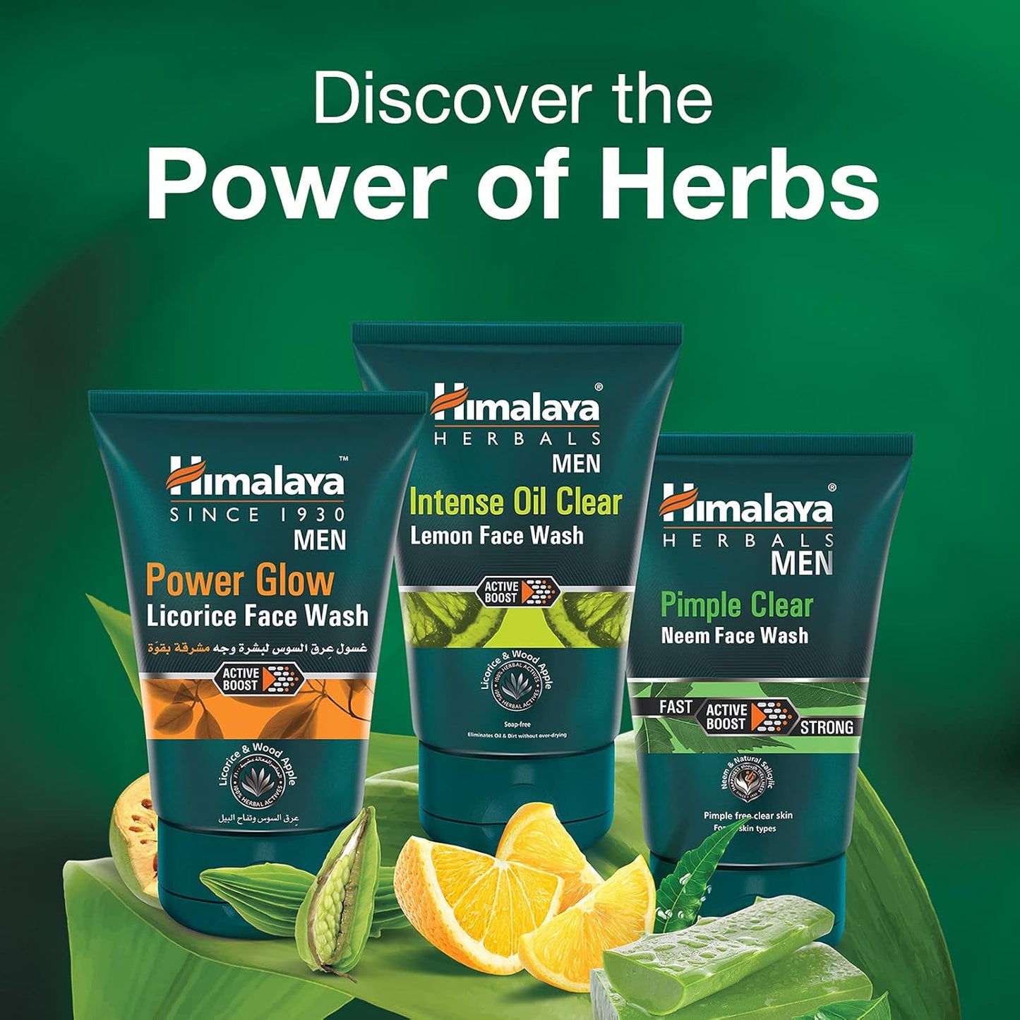 Himalaya Herbals Men's face wash products with herbs and fruits on a green background