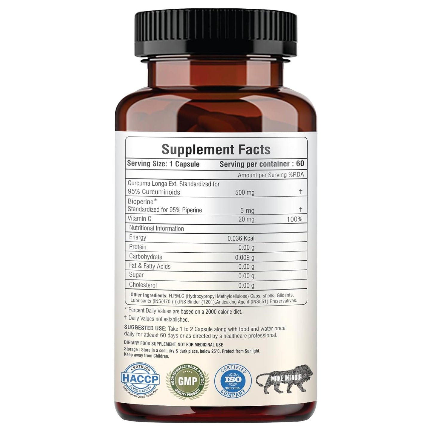 Supplement bottle with label showing 'Supplement Facts' and certification logos on a white background