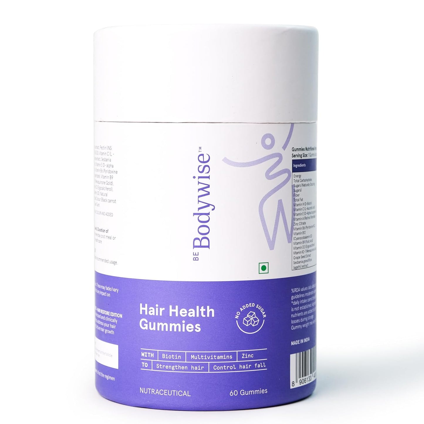 Be Bodywise Biotin Hair Gummies | 60 Days Pack | With Biotin, Zinc, Folic Acid, Fibre & Multivitamin | Strawberry Flavour | No Added Refined Sugar & Gut Friendly
