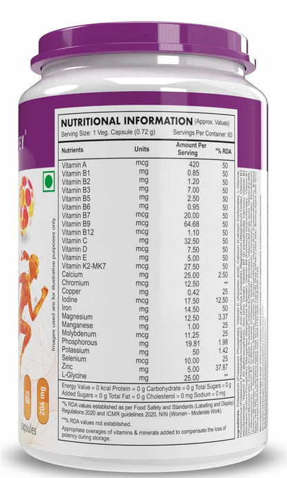 Supplement container with nutritional information label on a white background