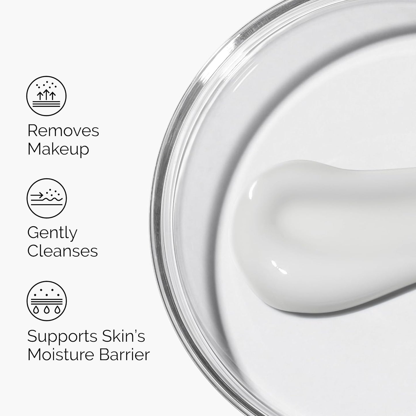 Glass container with white cream and text describing product benefits on a white background