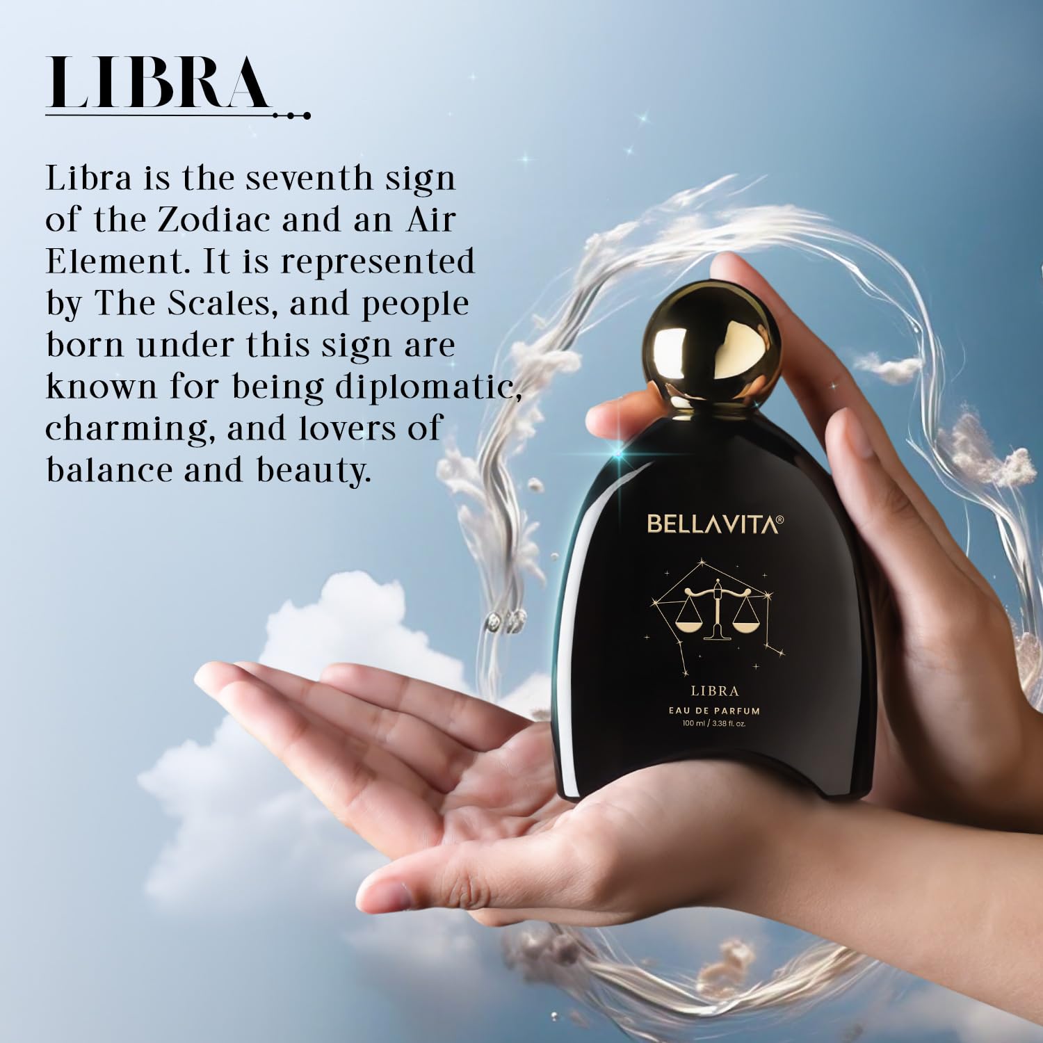 Bottle of Bellavita Libra perfume held in a hand with water effect and Libra zodiac sign description.