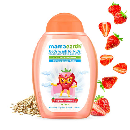 Mamaearth Super Strawberry Body Wash For Kids - 300 ml | Infused with Strawberry and Oat Protein | Gently Cleanses Skin, Dermatologically Tested, SLS/SLES and Paraben Free