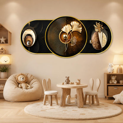 Abstract Ginkgo Leaf Wall Painting for Living Room Bedroom Decor, Black Gold Round Modern Art with Premium PVC Golden Frame (16 x 35 Inch)