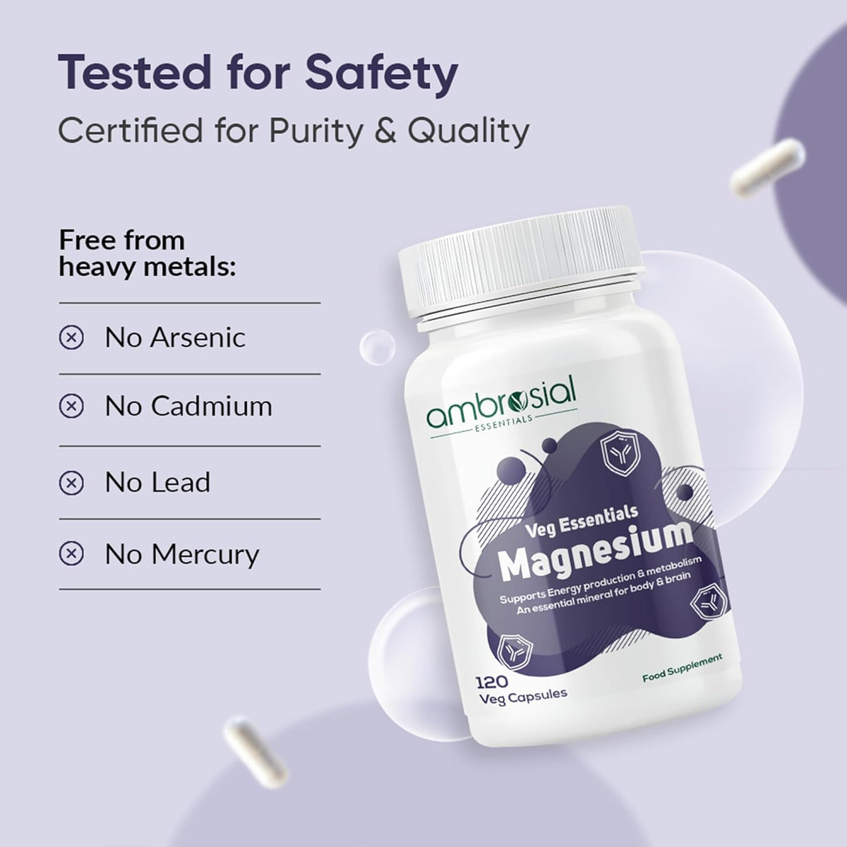 Ambrosial magnesium supplement bottle with safety certification details on a light purple background