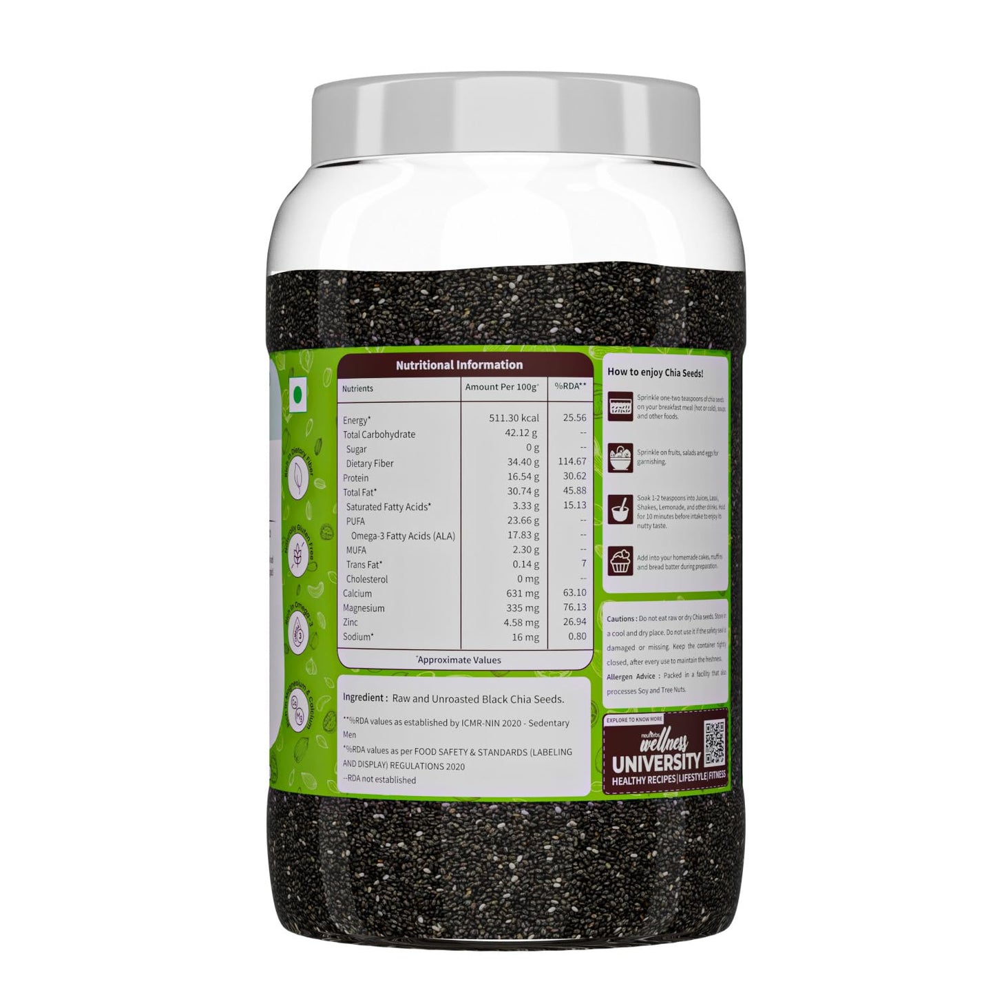 Neuherbs Raw Unroasted Chia Seed For Weight Management | Rich In Omega -3 | Dry Seeds For Eating | Healthy Snacks - 1 kg Chia Seeds