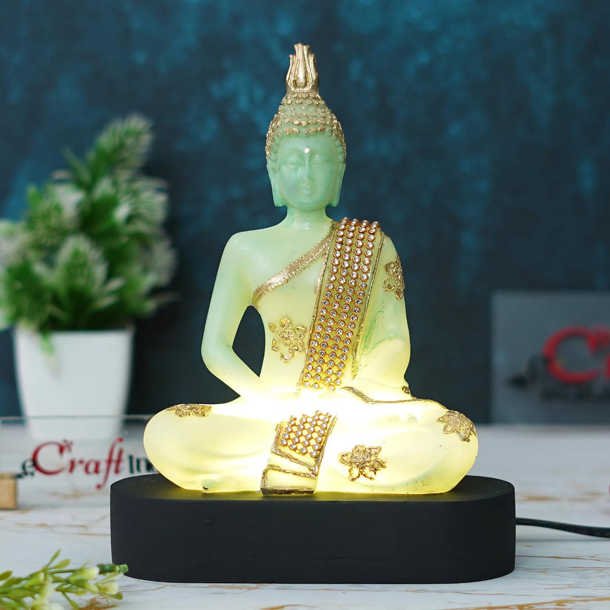 Green and Golden Resin Handcrafted Meditating Lord Buddha Statue | Serene Home Decor for Living Rooms, Meditation Spaces, and Offices | Spiritual Gift for Diwali, Housewarming