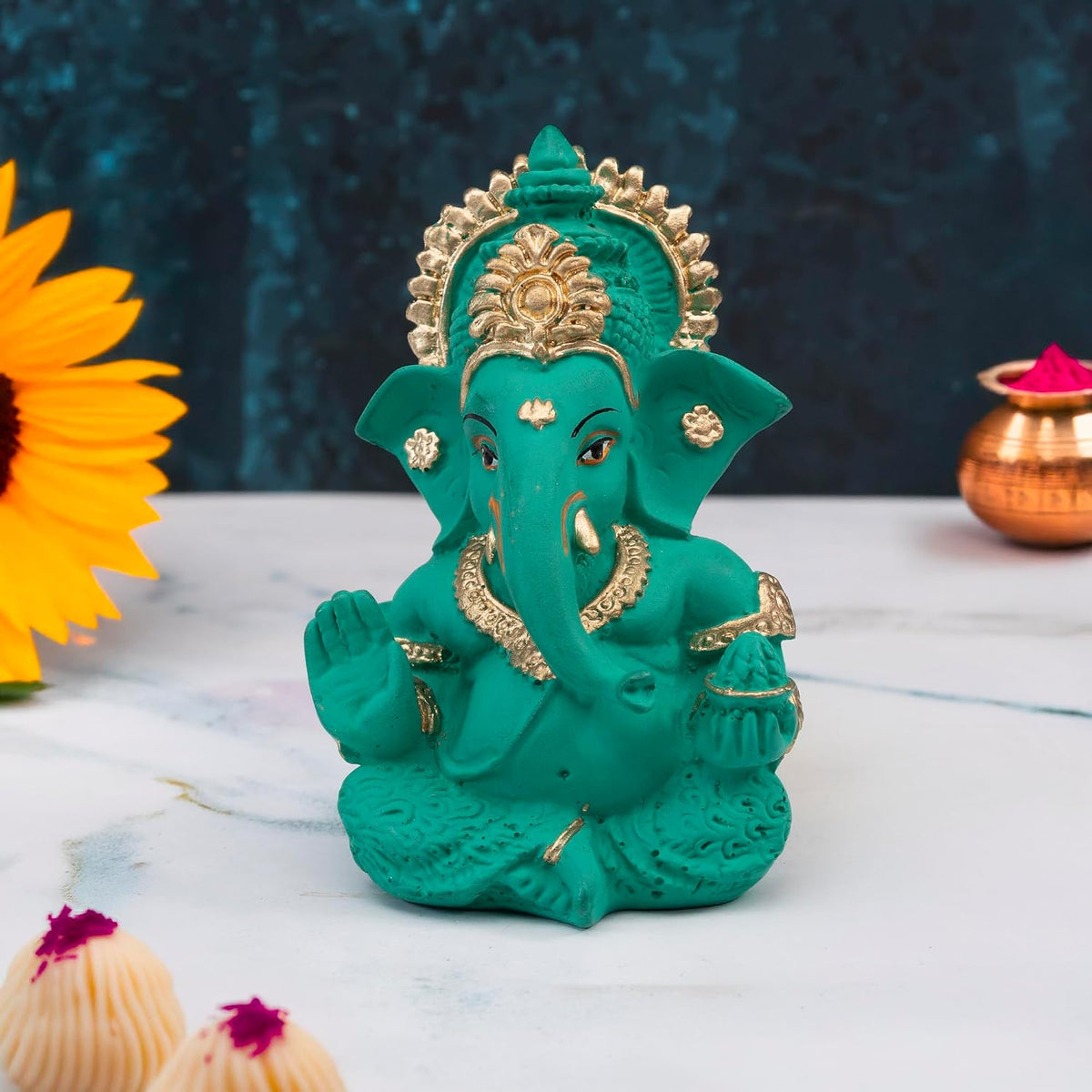 Lord Ganesha Idol for Car Dashboard, Home Decor & Pooja | Resin Gold Plated Ganpati Murti | 3.5 Inch Ganesh Statue for Gift, Diwali, Housewarming, Baby Shower, Mandir Decor, Mint Green, P-1