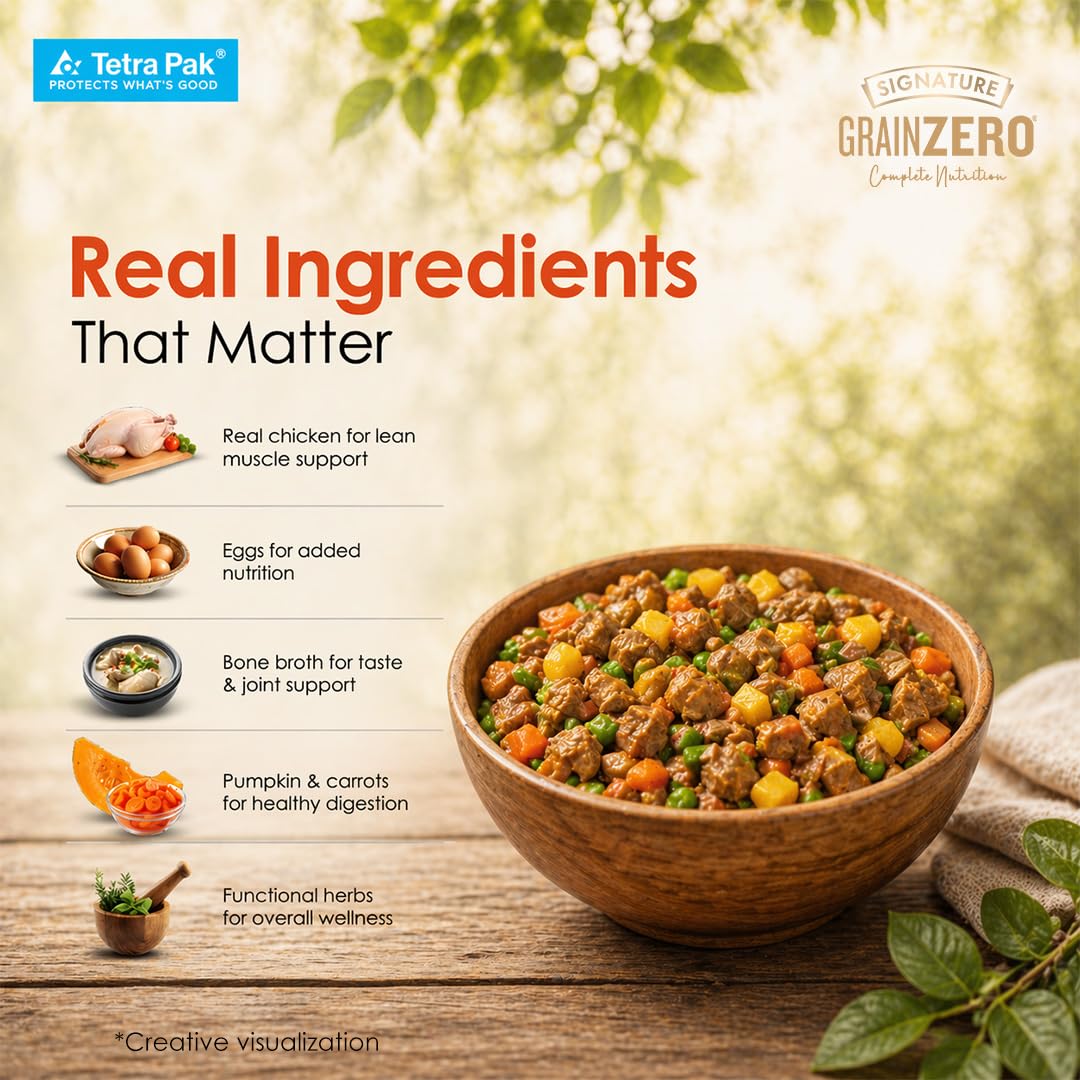 Grain Zero Dog Fresh Food Tetra Pak Real Chicken, Egg & Pumpkin, for Adult & Puppy, 350g | Supports Joint & Health | Immune System | Anti Inflammatory Properties | Ready to Serve | One Pack One Meal