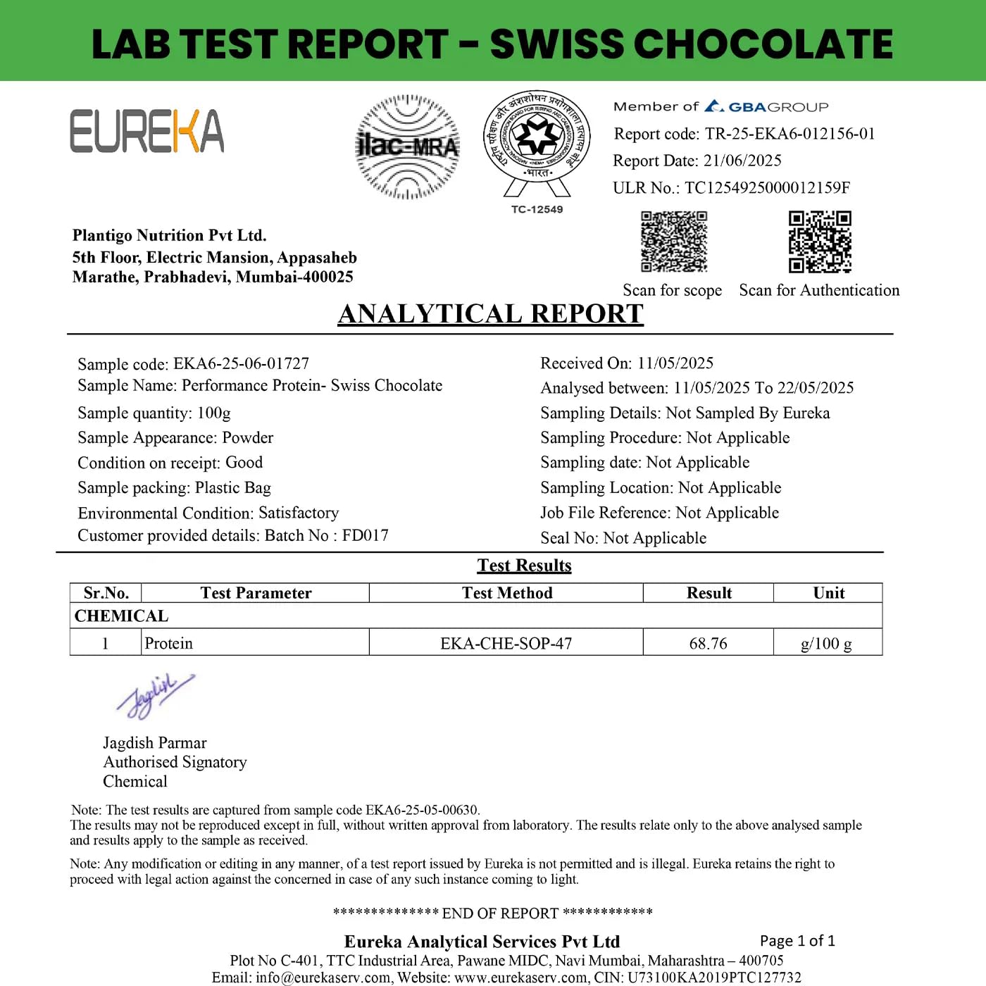 Lab test report for Swiss chocolate with Eureka Analytical branding