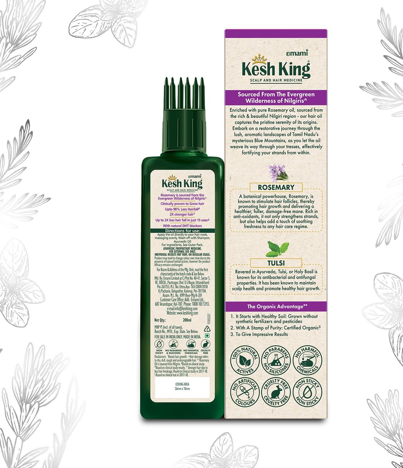 Kesh King Organic Rosemary Oil with Tulsi, ayurvedic hair oil for hair fall and regrowth with hair oil applicator, for men and women, 200ml