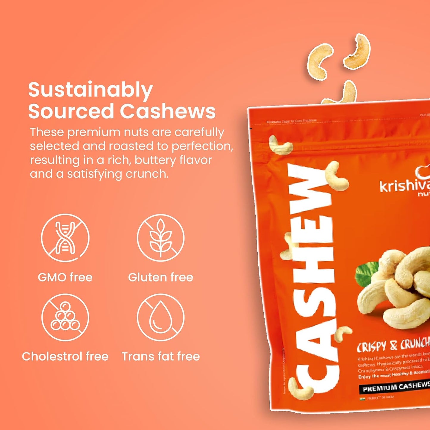 Krishival Nuts Premium Cashews W320 | 100% Natural Whole Cashews | Crunchy, Nutritious & Delicious, Gluten Free & High Protein