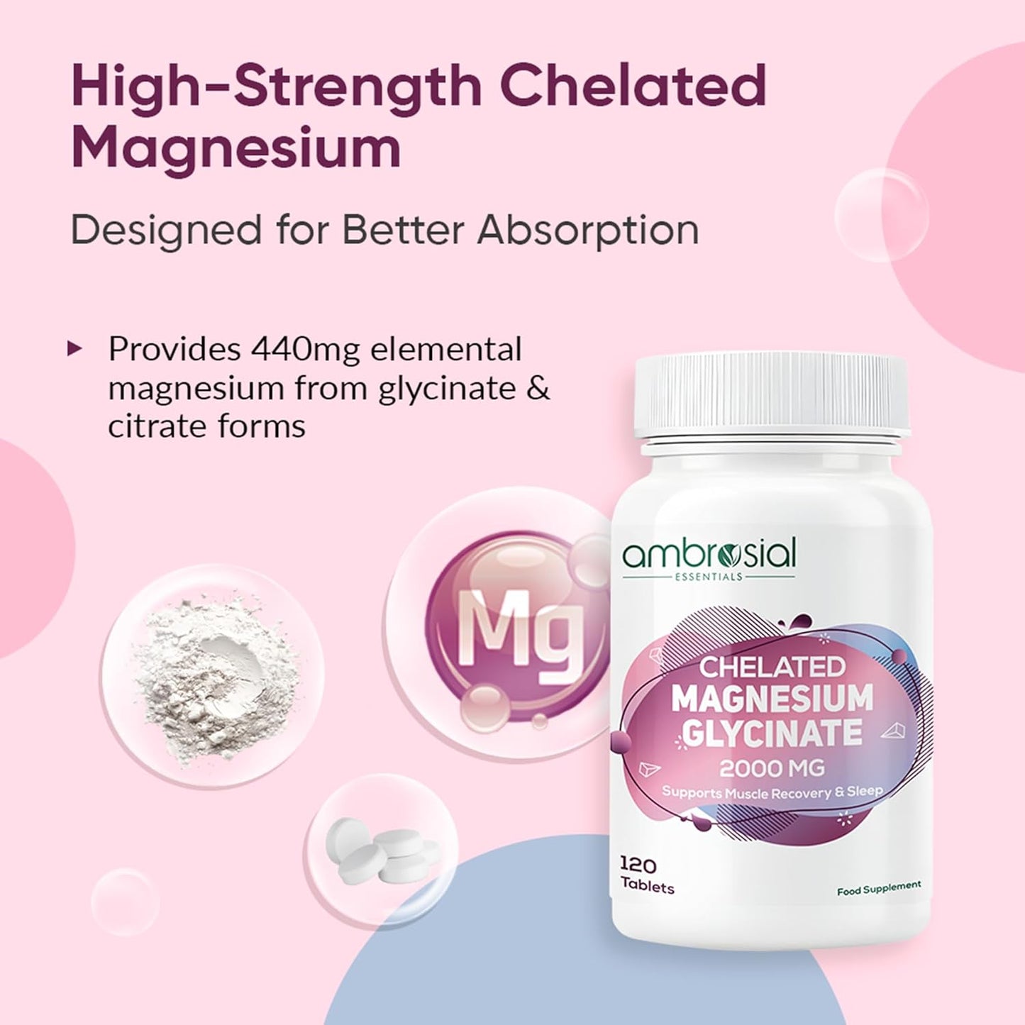 Ambrosial Chelated Magnesium Glycinate supplement bottle with text on a pink background