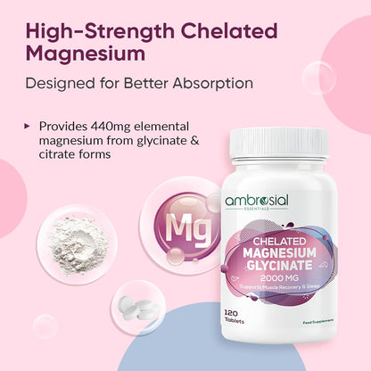 Ambrosial Chelated Magnesium Glycinate supplement bottle with text on a pink background