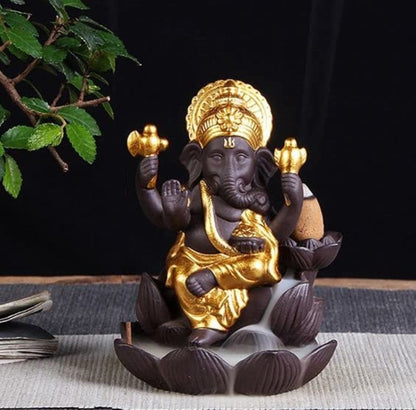 Resin Ganesha Backflow Smoke Fountain- with 10 Free Cone Polyresin Ganpati Bappa for Temple Showpiece | Gift & Office Desk Balcony Decorative Item Home Dcor - Black & Golden
