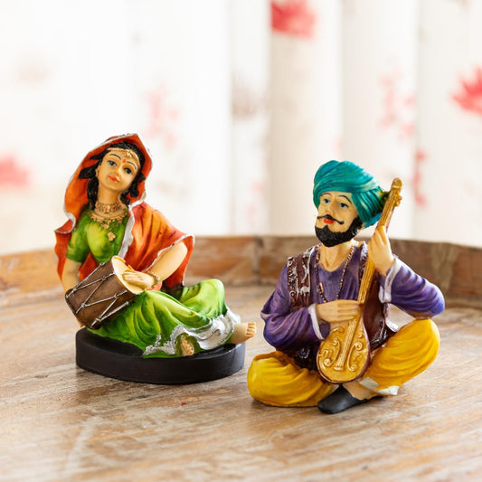 'Folk Harmony' Punjabi Music Duo Resin Decorative Showpiece for Living Room (Hand-Crafted, 15.3 cm) | Home Decoration Items for Living Room Showpieces for Home Décor Return Gifts