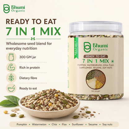 Bhumi Organic 7 in 1 Seeds Mix 300g | Pumpkin, Watermelon, Sunflower, Flax, Chia, Sesame & Soynuts, Edible Seeds, Healthy Diet Snacks, 100% Natural