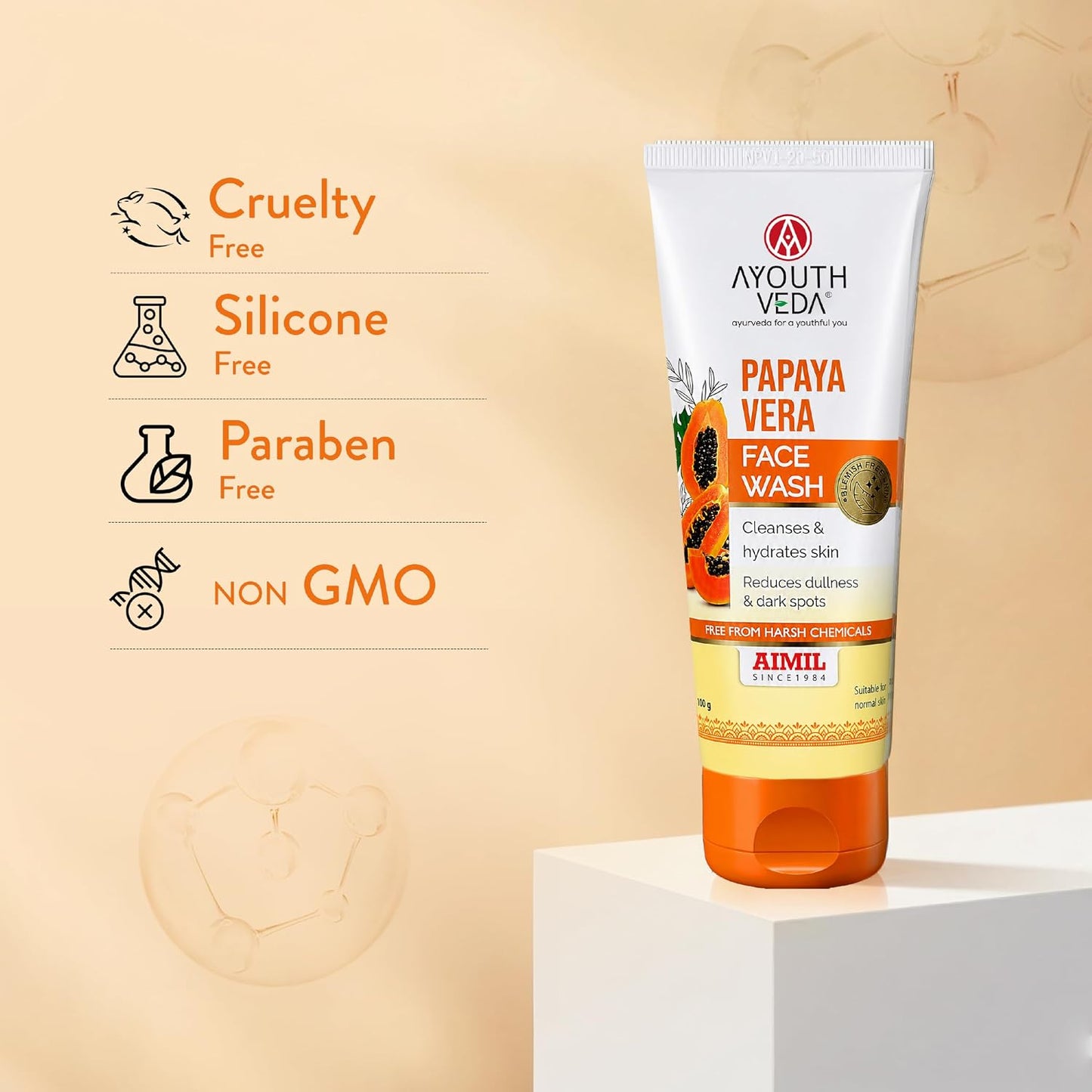 Ayouthveda Papaya Vera Face Wash with Real Papaya Extract for Dry to Normal Skin | Deep Cleansing, Removes Dullness, Dark Spots & Impurities | Hydrating, Sulfate-Free Gentle Formula | 100 g (Pack of 1)