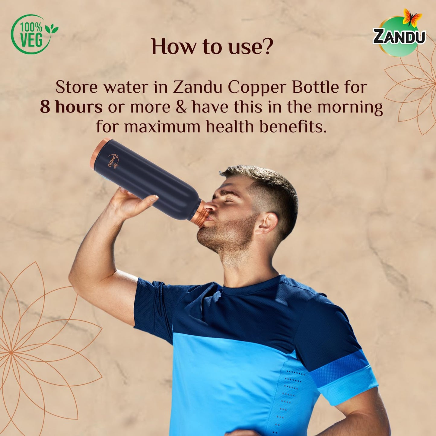 Zandu Copper Bottle (Blue): Prepared with 100% Pure Copper |Supports Digestive & Liver Health | Helps Enhance Immunity| Useful in Promoting Overall Health (Pack of 950 ml)