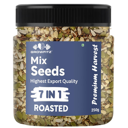 Growfitz 7-in-1 Super Seed Mix | 250g | 24.4g High Protein & Fiber | Roasted Pumpkin, Sunflower, Flax, Chia, Soy Nuts & Sesame | Healthy Snack |