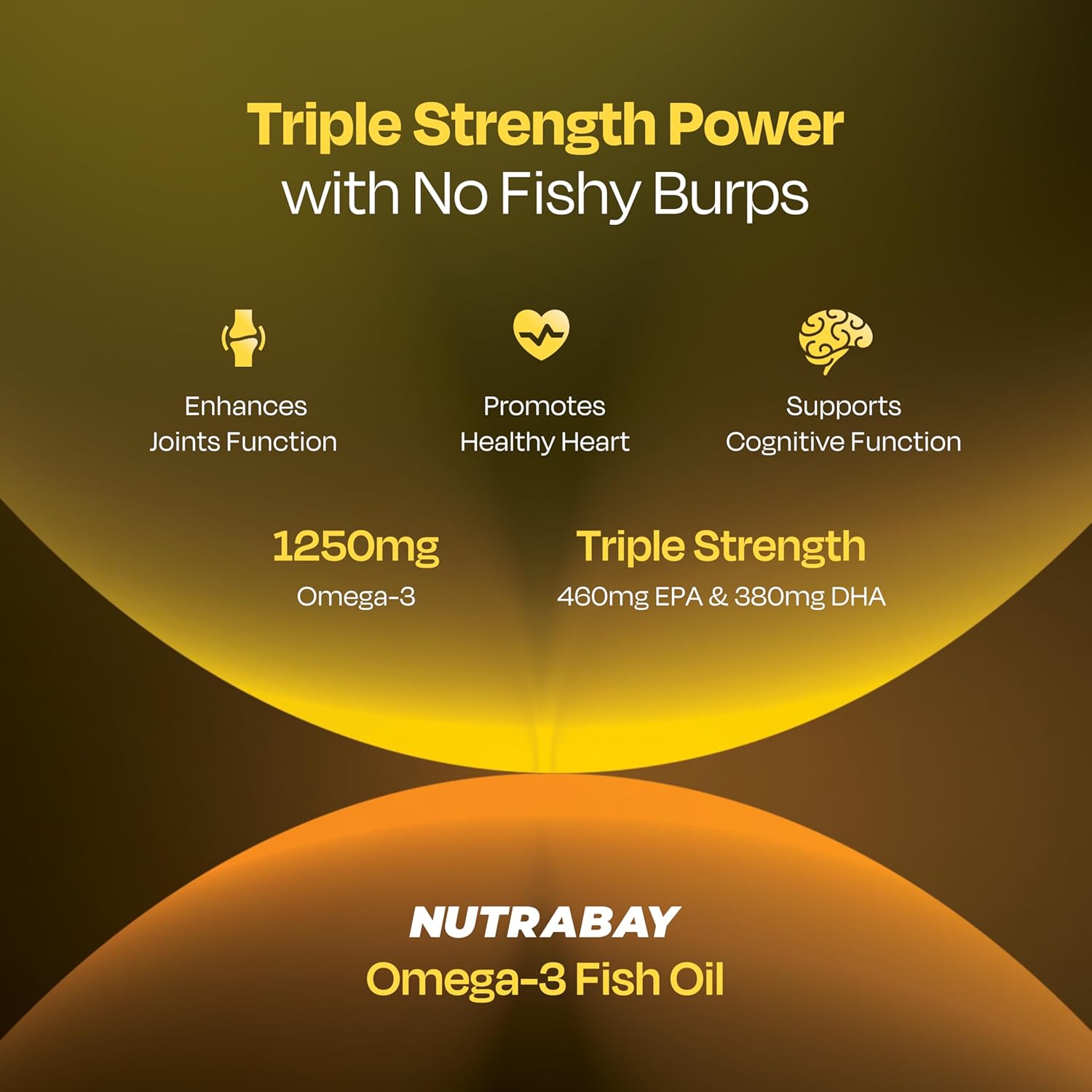 Advertisement for Nutrabay Omega-3 Fish Oil highlighting triple strength and benefits on a dark background.