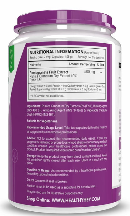 Nutritional information label on a supplement container with purple lid and white body.