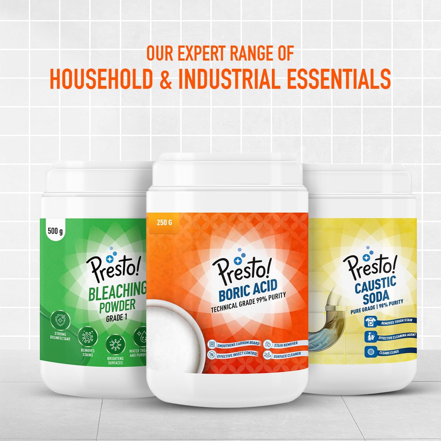 Presto! Boric Acid Powder | 250 Gram | Technical Grade 99% Pure | Multipurpose Use for Pest Control, Cleaning, & Carrom Board