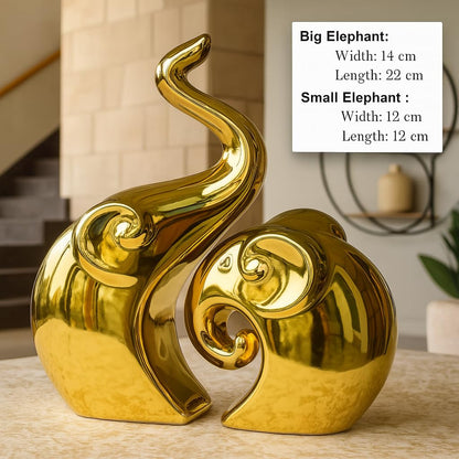 Home Decor Elephant Set | Ceramic Figurines - (Set of 2 Piece, Golden)