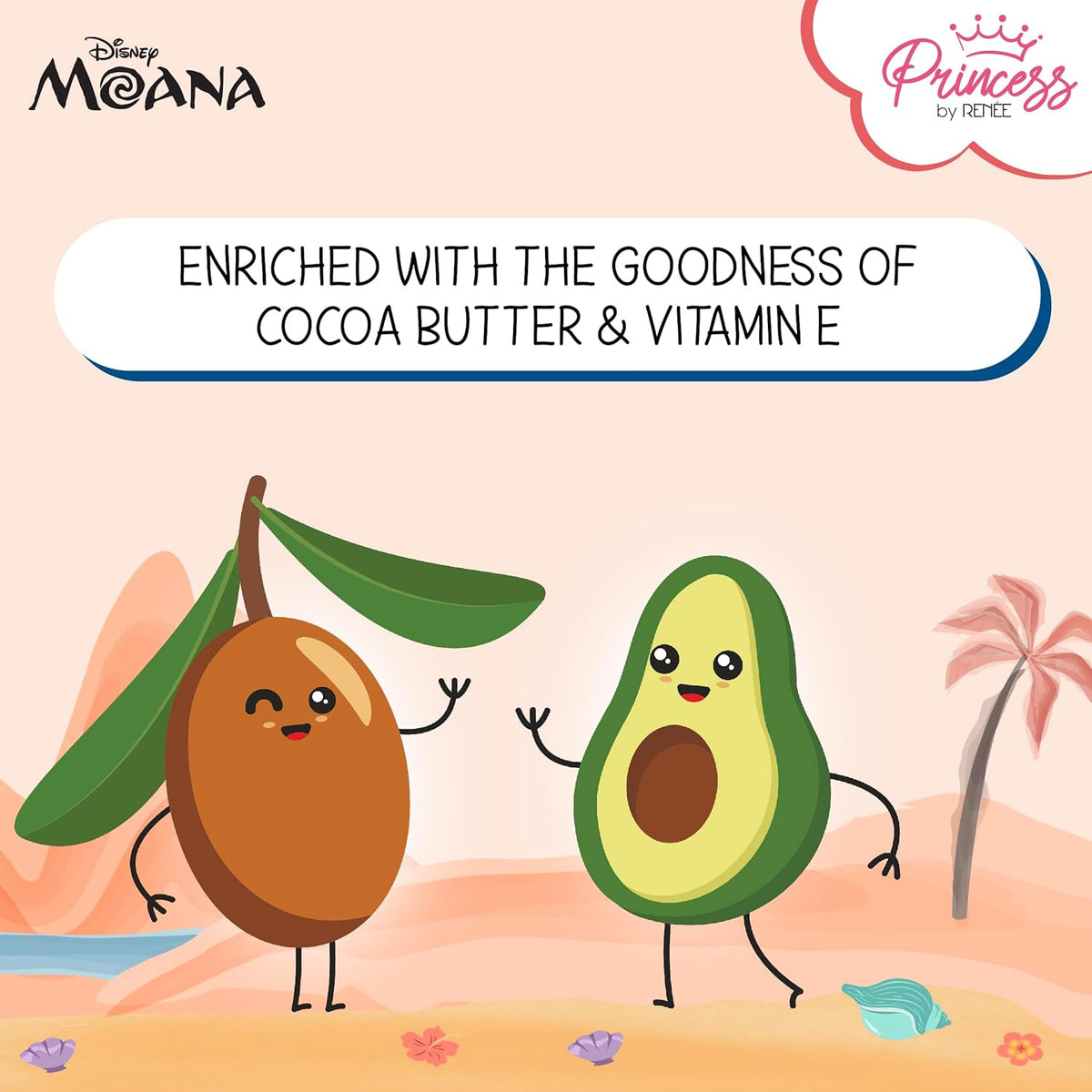 Cartoon avocado and cocoa bean with a beach background, featuring Disney Moana branding.