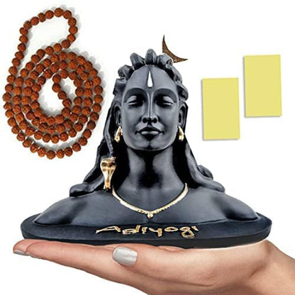 JD FRESH 3 Inch Adiyogi Statue with Rudraksh Mala/Resin Car Dashboard Idols/Lord Shiva for Pooja/Shivratri Gift/Decor/Shiv Murti/Mahadev Statues/Decorative Items for Home/Office (Black)