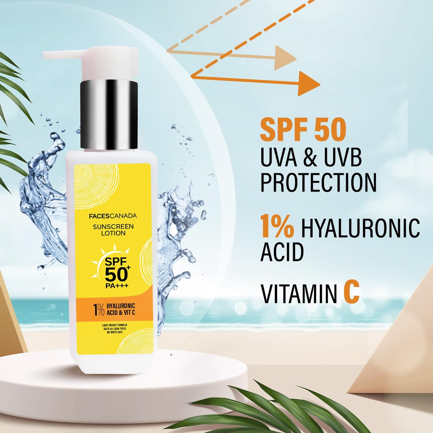 FACESCANADA Sunscreen Lotion, 100ml | SPF 50 PA+++ | Oily Protects From UVA & UVB Rays | 1% Hyaluronic Acid & Vitamin C | Lightweight | No White Cast | Natural Radiant Glow| No Alcohol | No Parabens