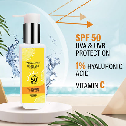 FACESCANADA Sunscreen Lotion, 100ml | SPF 50 PA+++ | Oily Protects From UVA & UVB Rays | 1% Hyaluronic Acid & Vitamin C | Lightweight | No White Cast | Natural Radiant Glow| No Alcohol | No Parabens
