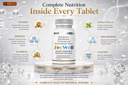 ZEOWELL Chewable Multivitamin Tablets for Men & Women | With Zinc, Magnesium, Vitamin B12, C, D3, Lutein, Zeaxanthin & Ashwagandha | Energy, Immunity & Eye Health | Sugar-Free - 60 Tablets (by LeeWell)