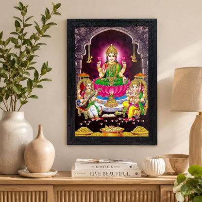 Lakshmi With Ganesha and Saraswati Photo Painting with Wooden Frame Black for Temple - (14 x 12 Inches)