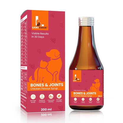 LICKICIOUS Bone & Joint Syrup for Dogs & Cats 200ml | Calcium, Minerals, Amino Acids & Vitamins for Stronger Bones, Cartilage & Muscles, Improved Mobility | Chicken Flavour Supplement/Tonic for Pets